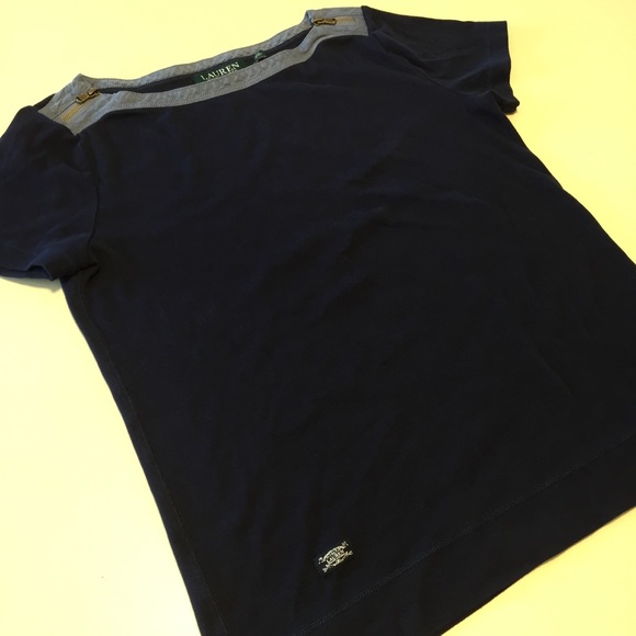 Ralph Lauren Tops - LRL Navy Tee Cotton Chambray Zip Shoulder Top L